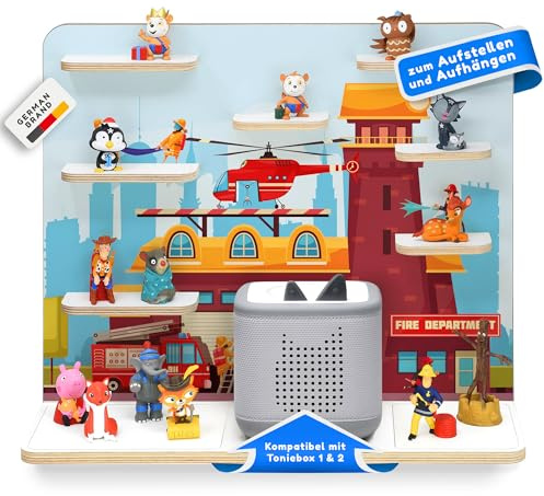 stadtecken Holzregal passend für Toniebox 2 I Geeignet für ca. 50 Tonies I Perfekte Aufbewahrung im Kinderzimmer I Regal zum Aufstellen oder Aufhängen (Feuerwehr, Groß)