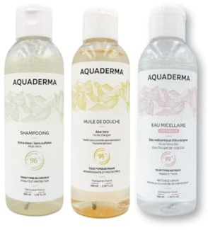 Aquaderma - Kit de voyage - 95% origine naturelle - 3x100ml | Huile de Douche Shampoing Extra Doux - Eau Micellaire Rose Bio - Idéal Déplacements - Fabriqué en France - Peaux Sensibles