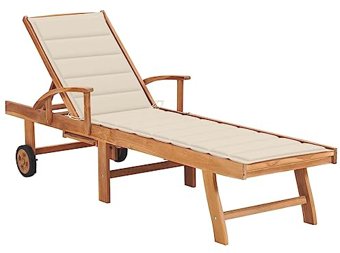 JHQHSM Chaise longue classique en teck massif avec coussin, chaise longue de jardin avec dossier réglable et 2 roues, pour terrasse, piscine, chaise longue en bois résistant aux intempéries pour