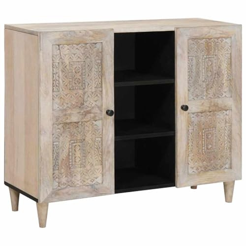 GeenYuu Sideboard Weiß, 33,5 x 90 x 75 cm, aus massivem Mangoholz, Moderne Kommode für Wohnzimmer, Flur, Schlafzimmer, stilvoller Stauraum mit 2 Türen