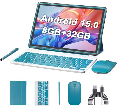 Tableta Android 15 de 10 pulgadas con lápiz capacitivo para teclado, 8 GB de RAM, tabletas 2 en 1, incluye mouse y funda protectora, batería de 6000 mAh de larga duración 5G WiFi-6, cámara dual, 32 GB
