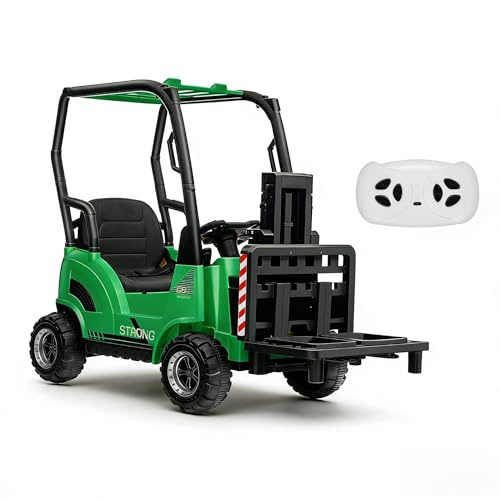 ZoomBuggy 12V Kinder Elektro Gabelstaple, Mit Hebefähiger Gabel Und Palette, Fernbedienung Für Eltern, Musik, USB, MP3, Hoch/Tief Geschwindigkeit, Sicheres Elektroauto Für Ab 3 Jahre (Grün)