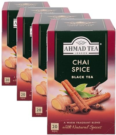 Ahmad Tea Chai Spice - Te negro con jengibre, canela y clavo - Bolsas de te selladas individualmente con sabor con 2 g de te por porcion - 20 bolsitas de te con cinta, 40g (Paquete de 4)