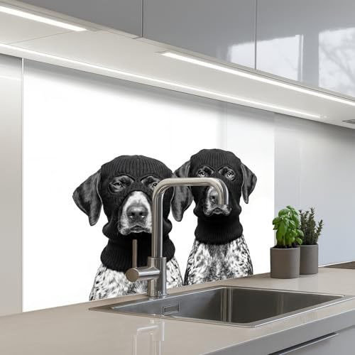 KitchenYeah© Spritzschutz Küchenrückwand Küche Abwaschbar Selbstklebend | 80x100 cm - Küchenwand Küchenfront Küchen Rückenwand Wandschutz Hunde - Balaclava - Schwarz - Weiß