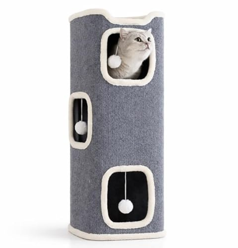 Tierschatz Katzenturm Kratztonne 3 Ebenen Kratzbaum 86cm hoch mit Spielbällen Kuschelhöhle Grau Groß Katzenhaus Katzenhöhle für Innenkatzen Rechteckiges Katzenhaus Hängespielzeug Indoor