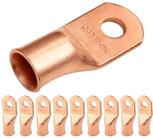 SELTERM 4/0 AWG (95 mm²) - 3/8 (M10) ⌀ Hole UL Heavy Duty Wire Lugs, Battery Cable Ends, Bare Copper Eyelets, Tubular Ring Terminal Connectors [B93] - 10 Pack