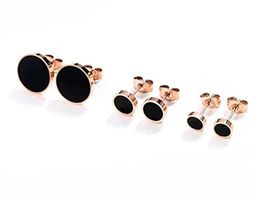 Findout Damen Rose Gold Überzogene Titan Stahl Elegante Einfache Klassische Runde schwarz Achat 6mm 8mm 10mm 3 Paar Ohrstecker Geschenk für Frauen mädchen Kind famliy (f1818)