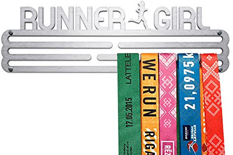 United Medals Runner Girl Medaillenhalter Running Laufen für 30 Medaillen Aufbewahrung - Läufer Geschenk Marathon Zubehör - Medal Holder Hanger Display Rack - gebürsteter Edelstahl