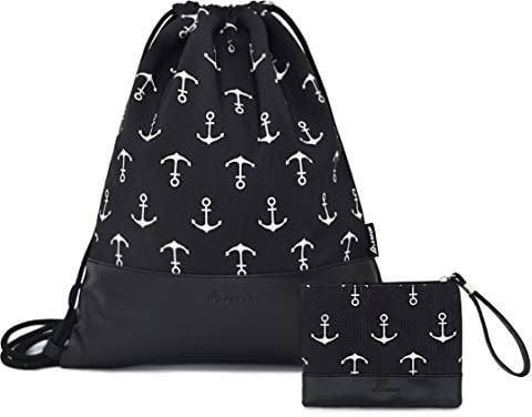 LEAPOP Turnbeutel Hipster Sporttaschen, Anchor Gym Sack Beutel Sportbeutel Tüte Rucksack mit Innentasche und Schlüsselbund (Schwarz Anchor)