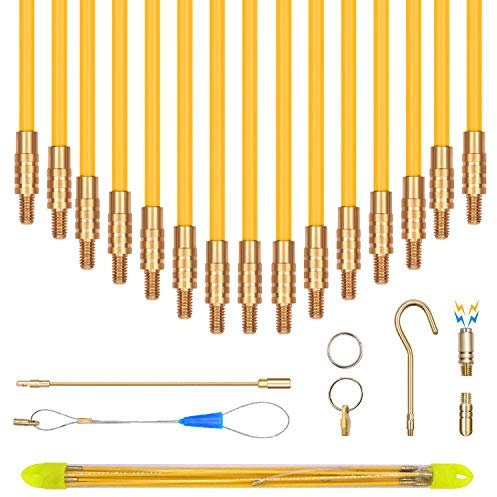 50' Fiberglass Electrical Connectable Fish Tape Pull Kit Cable Rods, Cable Rod Set with Hook and Hole Kit in Transparent Tube (Yellow, 15Rods x 1M)