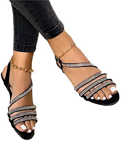 Minetom Sandales Femmes Plates Sandales Été Bout Ouvert Metallic Boucle Plage Vacances Loisir Nu-Pieds Chaussures D Noir 43 EU