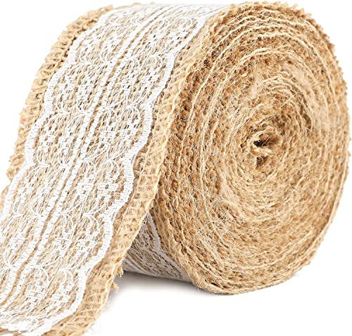 JIUERYY Juteband Vintage Spitzenband, 10Mx5CM Hessische Farbband mit Weisse Spitzen für Handwerk Hochzeit Haus Dekor