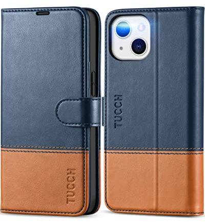 TUCCH Case für iPhone 13 Hülle 5G， Stoßfeste Handyhülle TPU [Kartenfach] [Standfunktion] Lederhülle, RFID-Sperrung Schutzhülle Kompatibel mit iPhone 13 (6,1 Zoll) Blau-Braun