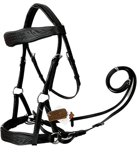 AMAZING HORSE STUFF Sidepull gebisslose Trensenzaum mit Designer-Handschnitzerei auf Augenbraue & Nasenriemen gebogen, Schwarz (Full, Cob, Pony) (Full)