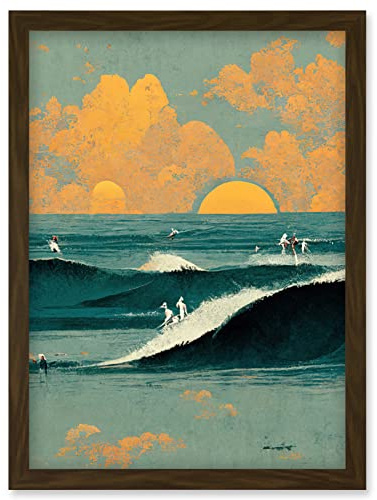 Wee Blue Coo Surfers Surfing Chasing Waves at Sunset Teal Mustard Abstract Oil Paint Artwork Framed Wall Art Print A4