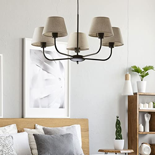 Licht-Erlebnisse Kronleuchter Modern Metall Stoff Schwarz Natur wohnlich 5-flammig E27 Pendelleuchte Esszimmer