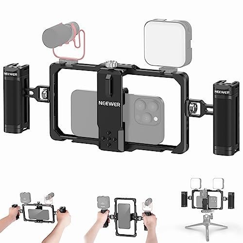 NEEWER Kit Vlogging Rig Telefono Aggiornato, Stabilizzatore Video con Doppia Maniglia, Slot per Clip Mic per Tiktok/YouTube, Compatibile con SmallRig iPhone 16 15 14 13 Pro Max Galaxy S23, PA009