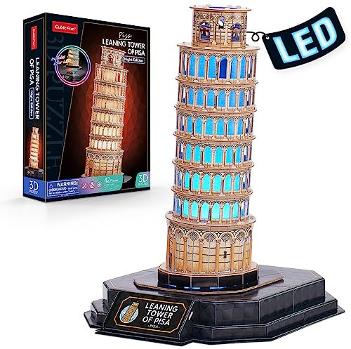CubicFun 3D Puzzle LED Schiefer Turmpuzzle Pisa mit bunten Lichtern für Erwachsene Modellbaukästen Italienische Baukunst Basteln Brain Teaser Architektur Schreibtisch Puzzles Geschenke Frauen Männer