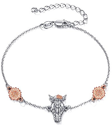 YFN Highland Cow Armband aus 925er Sterlingsilber, verstellbares Kuh-Armband, niedlicher Tierschmuck, Geschenke für Frauen und Mädchen, 17,8 cm + 5,1 cm