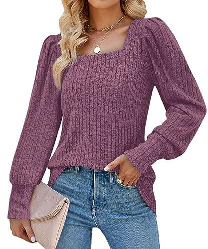 Aokosor Womens Long Sleeve Tops Ladies Square Neck Jumpers Puff Sleeves Sweatshirts Purple Size 14-16
