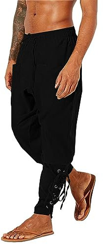 LVCBL Herren Baumwolle Leinenhose Mittelalter Kleidung Piraten Hose mit Taschen Schwarz XL