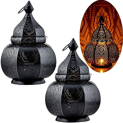 2er Set Marrakesch Lampe und Laterne in einem aus Metall 30 cm groß | Tischlampe Windlicht Mahana Schwarz als Orientalische Dekoration