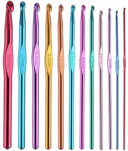 LUPO Crochet Hooks Set - 12pcs Aluminium Multicolour Knitting Needles - 2mm, 2.5mm, 3mm, 3.5mm, 4mm, 4.5mm, 5mm, 5.5mm, 6mm, 6.5mm, 7mm, 8mm - Suitable for Beginners or Professionals