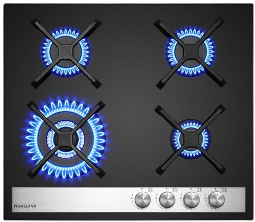 GASLAND GH6604BG1FC Glas Gaskochfeld Einbau Glas Kochfeld 4 Flammig, Gas Kochfeld mit Wok Brenner, 60 cm Schwarz Glasherd, Butan Gas Kocher 8000 Watt, LPG/Erdgas