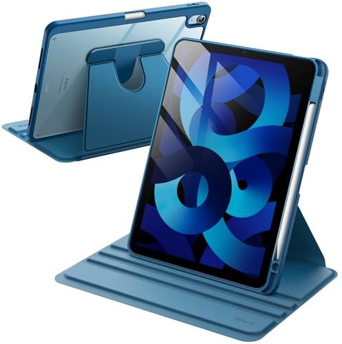 JETech Rotierende Hülle für iPad Air 11 Zoll M3/M2 (2025/2024), iPad Air 5/4 (2022/2020 5./4. 10,9 Zoll) mit Stifthalter, 360 Grad Drehbare Schutzhülle Ständer Transparente Rückseite (Blau)