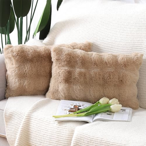 Madizz 2er Set Sanft Plüsch Kurze Wolle Samt Dekorativ Zierkissenbezüge Luxus Stil Kissenbezug für Sofa für Schlafzimmer Kamel 30x50 cm
