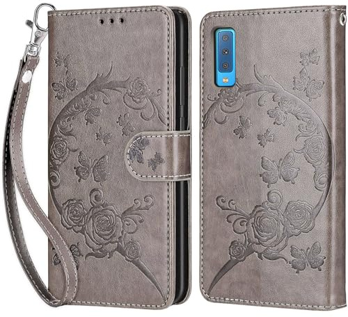 Handyhülle für Samsung Galaxy A7 2018 Hülle, Grau Blumen | PU Leder Flip, Klappbar, Stoßfest, Magnetisch, Standfunktion, Kartenfächer, Retro Design, Handgelenkband