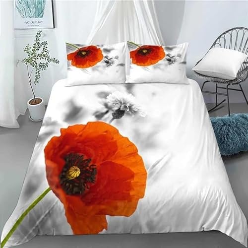 Bettwäsche 135x200 Roter Mohn, Weiche Microfaser 3D Bettbezug Weiß, Bettbezüge Roter Mohn und 2 Kissenbezug 80x80 cm SS164