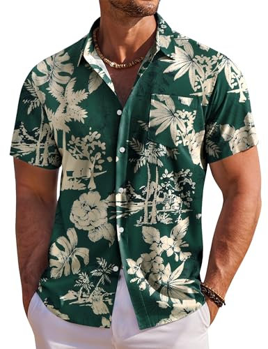 COOFANDY Men's Shirts Short Sleeved Casual Shirts Regular Fit Summer Hawaiian Beach Shirt with Front Pocket Green Palm Tree M