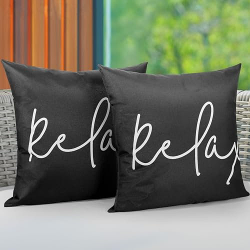 Lewondr Outdoor wasserdichte Kissenbezug, 2 Stück 50x50cm Kissenbezug mit gedrucktem Schriftzug und PU-Beschichtung UV-Schutz für Garten Terrasse Sofa Balkon Camping, Schwarz