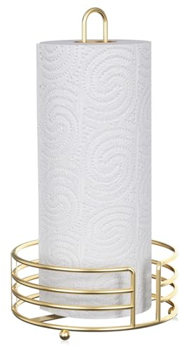 Buruis Metal Paper Towel Holder for Kitchen Countertop, Gold | One-Hand Tear, U-Shape Handle, One-Hand Tear, 8 Inch Wide Stable Base, Fits Jumbo & Mega Rolls, Modern Kitchen Decor