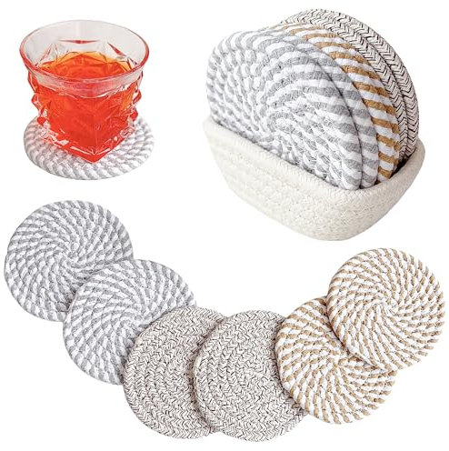 Valdivia Boho Drink Coasters with Storage Basket, Handmade Woven Cotton Absorbent Coasters Set of 6, Minimalist Decoration for Coffee Table, Housewarming Gifts New Home Accessories Apartment Presents