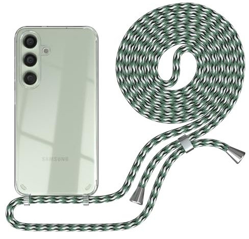EAZY CASE - Handykette kompatibel mit Samsung Galaxy S24 Kette zum Umhängen für Galaxy S24 Hülle mit Band aus Silikon stoßfeste transparente Handyhülle Fallschutz Hell Grün Camouflage - Clips Silber