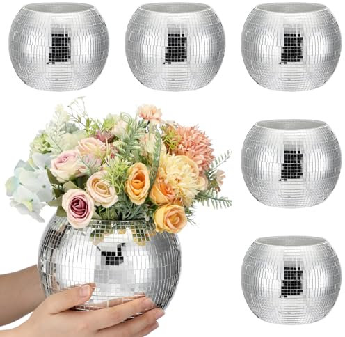 Inbagi 6 Pcs Disco Ball Planter Disco Ball Vase Centerpieces Mirror Glass Flower Vase Decor Candle Holder Bulk for Wedding Birthday Party Bedroom Kitchen Office(5.5 x 7 Inch,Silver)