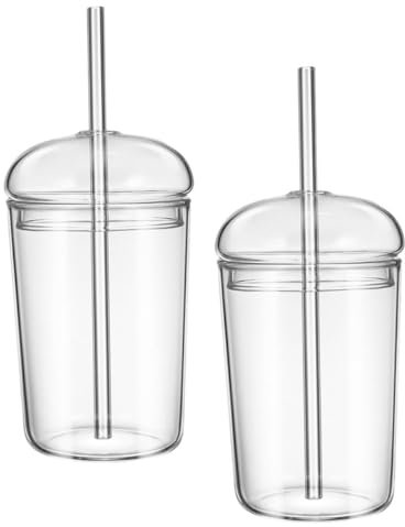 CRILSTYLEO 2pièces Tasse Verre Transparent Avec Couvercle Et De Idéale Pour Thé Lait Jus Et Autres Boissons Pratique Pour Transporter Et Éviter Les Éclaboussures