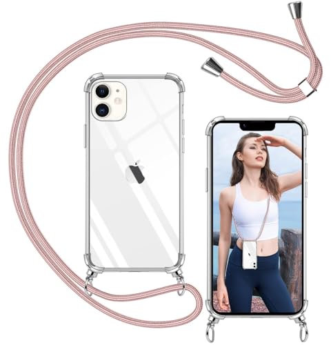 ISOI - Coque avec Cordon Compatible avec iPhone 12, Collier Réglable Téléphone Portable Lanyard Case, Ètuis à Bandoulière Transparente en Silicone TPU Souple avec Airbag Antichoc- Rose