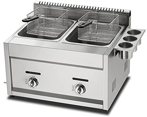MAHNFEID Freidora Comercial, 11L/22L/33L de Gran Capacidad, Potencia de Fuego Ajustable, con cestas y Tapa extraíbles, freidora de Gas de Acero Inoxidable 304 de Grado alimenticio (Gas 22L, Doble)