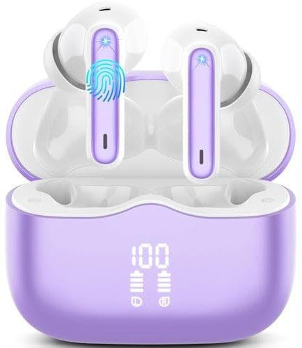 Wireless Earbuds, 2025 Bluetooth 5.3 Headphones in Ear buds HiFi Stereo, 40H Bluetooth Earphones with 4 ENC Noise Cancelling Mic, IP7 Waterproof Wireless Headphones LED Display UltraLight, Purple