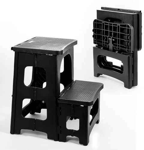 Ligebul 2-Step Stool Foldable, Plastic Steps Stool Folding Step Ladder Two Stepstools Collapsible Step Stools for Adults for Kitchen Home Bathroom RV, Pool Ladder Above Ground-Black