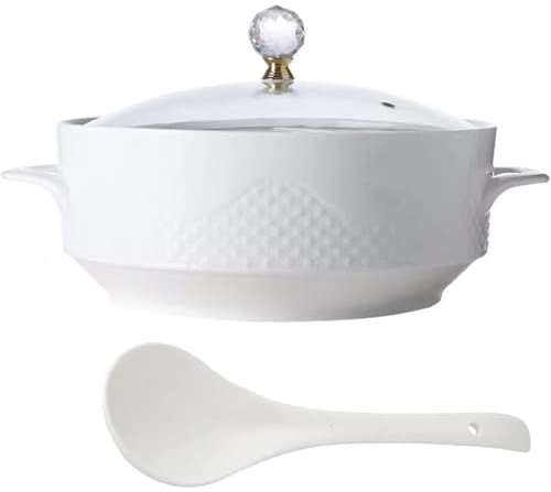 Zuppiera in ceramica con coperchio in vetro, zuppiera in porcellana per servire la zuppa per la decorazione della cucina di casa del ristorante Zuppiera rotonda in ceramica bianca con mestolo
