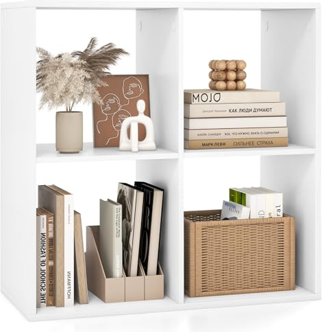 SFAREST 4-Cube Bookshelf, 3-Tier Wooden Open Display Bookcase with Anti-Toppling Device, Modern Storage Cabinet Organizer Unit for Living Room, Bedroom and Office (White, 4-Cube: 70 x 33 x 70cm)