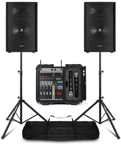 Full PA Amp and Speaker System with 12'' Passive 2-Way Passive Speakers, Power Mixer Amp & Wireless Microphones | Complete PA System with Bluetooth & USB for Events, Performances, and Presentations