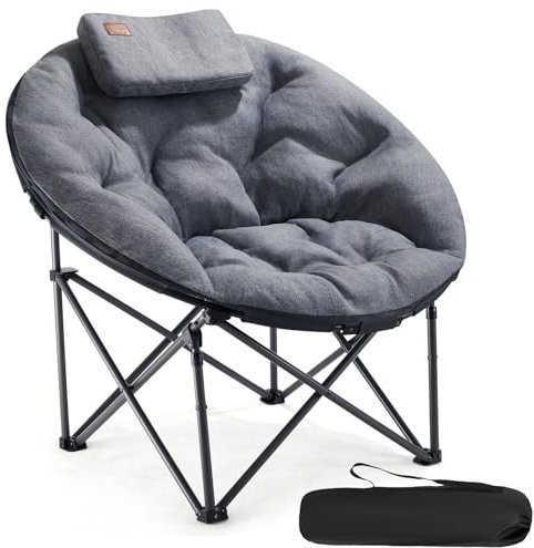 EVER ADVANCED Luxus Moonchair XXL Campingstuhl Faltbar 150KG Belastbar Rund Klappstuhl Dick Gepolstert, Übergroßer Campingsessel mit Kissen, Extra Breit für Outdoor Camping Garten Balkon Indoor, Grau