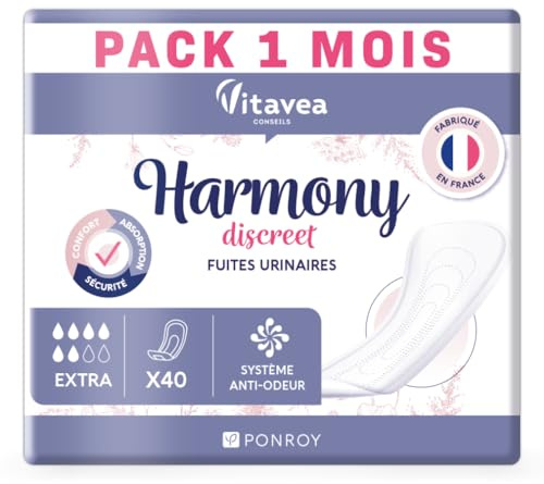 Harmony Discreet - Serviettes Fuites Urinaires - Flux Abondant - 40 unités | Absorbante, Discrète - Anti-odeurs - Sans Colorant - Hypoallergénique - Pochettes Individuelles - Fabriqué en France