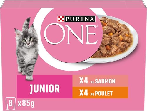 PURINA One Junior Effilés en Sauce Saveurs Assortis Saumon et Poulet pour Chatons | Sachets Repas 8 x 85g (Lot de 5)