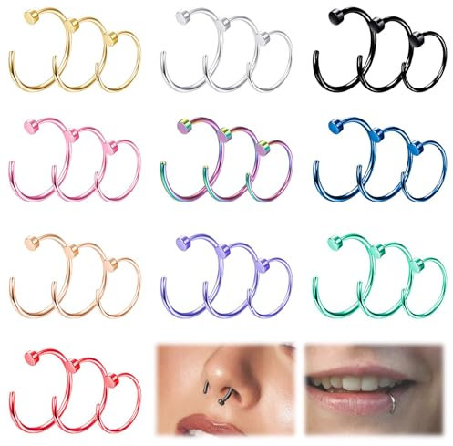 Calkkrer 30PCS Bunt Edelstahl Nasenring Hoop, Buntes Nasenpiercing Schmuck Set für Frauen und Männer, Septum Ring Lippenpiercing, Nasenring, Piercing Set 6mm, 8mm, 10mm